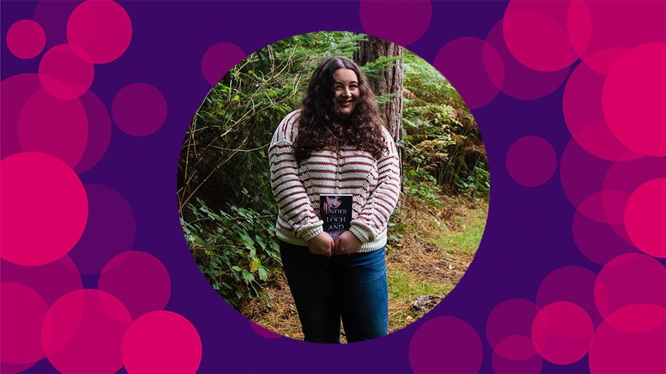 A purple background with pink circles on with an image of Kathryn holding her book and smiling in the middle of the canvas.