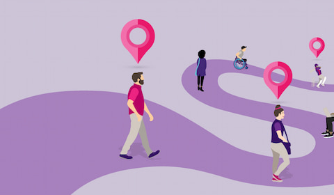 A lilac background with a purple winding path shape. On the path there are graphic people walking, sitting, and playing sports.