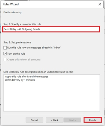 Outlook screengrab - Finishing the rule setup by typing a name in the field to call it by.