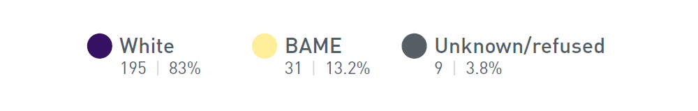 White 195, 85% | BAME 31, 13.2% | Unknown/refused 9, 2.3%