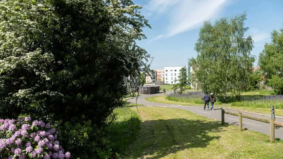 Robert Bakewell hall in the distance. There's a lot of grass, trees, and shrubbery.