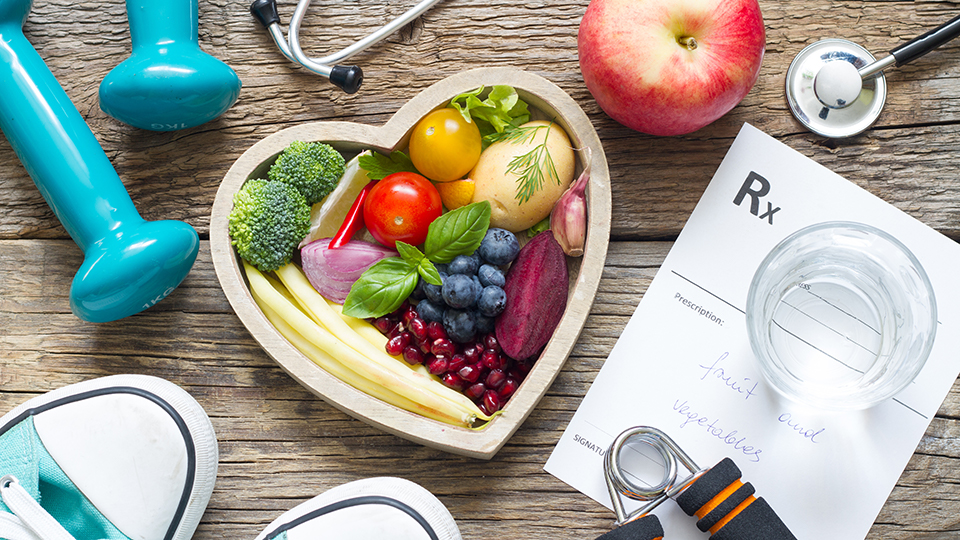 A bowl of fruit, gym equipment and medical equipment