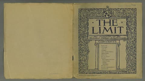 Cover page of The Limit Journal, Christmas edition 1918, detailing contents of the issue with filigree design and Loughborough coat of arms.