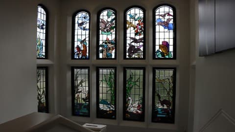 Stained glass windows in the staircase of the Rutland Building, featuring 10 panels with varying nature based designs, circa 1932.