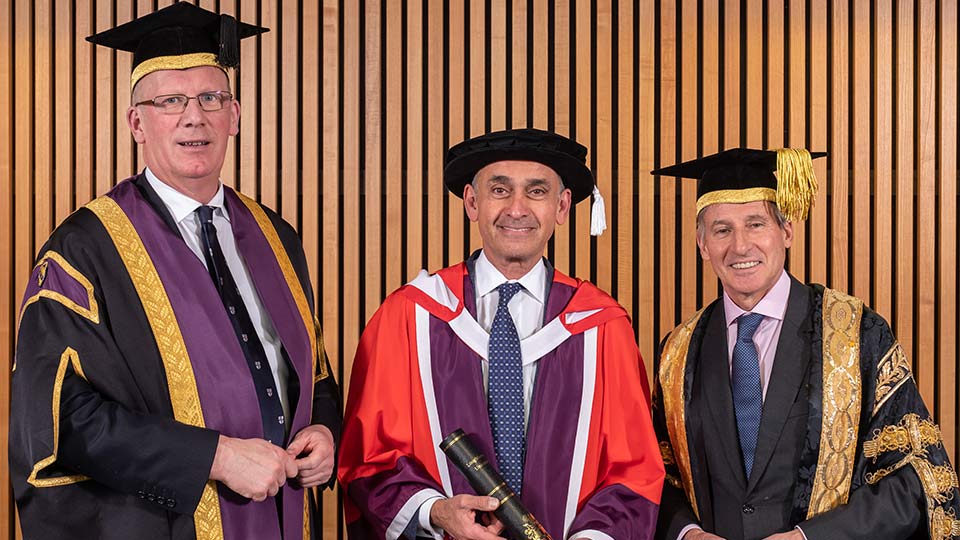 Pictured is Vice-Chancellor of Loughborough University Professor Robert Allison, Professor the Lord Darzi of Denham and Lord Sebastian Coe, Chancellor of Loughborough University.