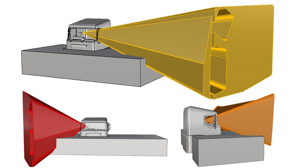 Computer generated images showing the volume of space around the truck that is visible to driver is created for the left, front, and right windows.