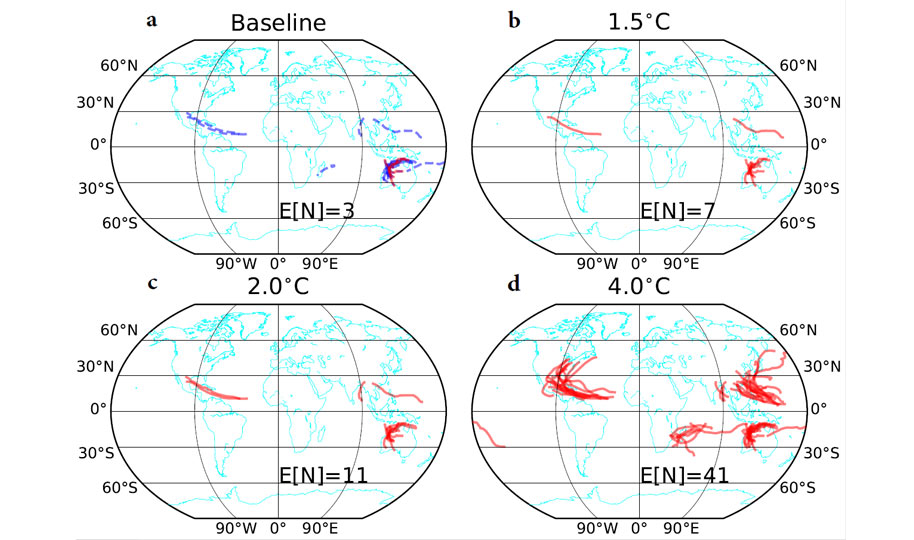 Pictured: Maps of predicted tropical cyclone-deadly heat hazard tracks for different climates.