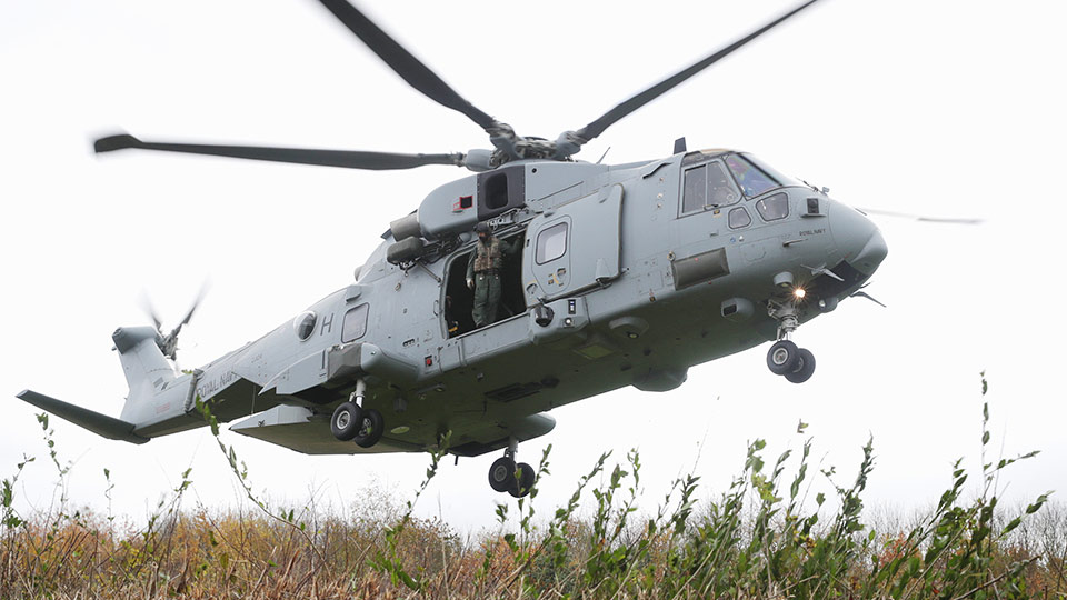 Royal Navy helicopter on campus. 