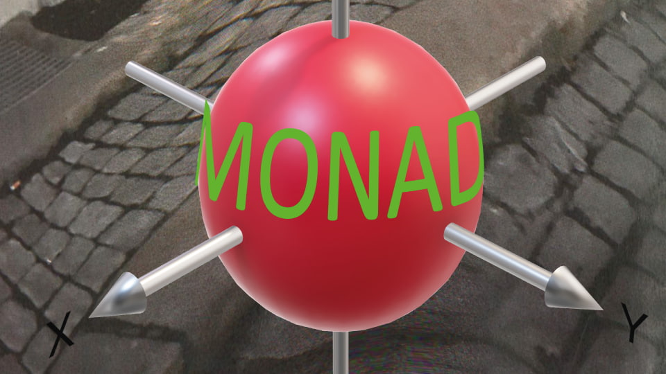 A red sphere with MONAD in green letters and arrows pointing outwards.