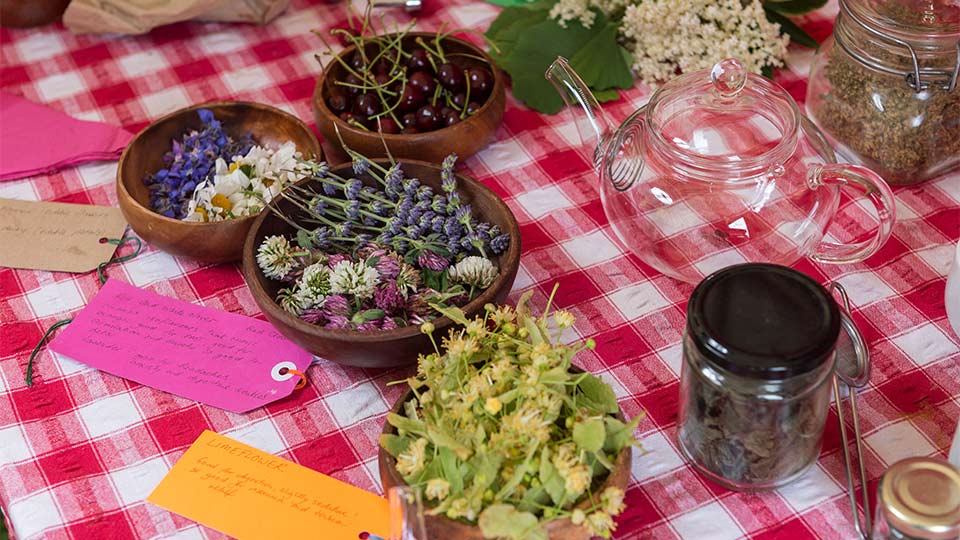 Pictured is a selection of fruit and berries with a teapot. 