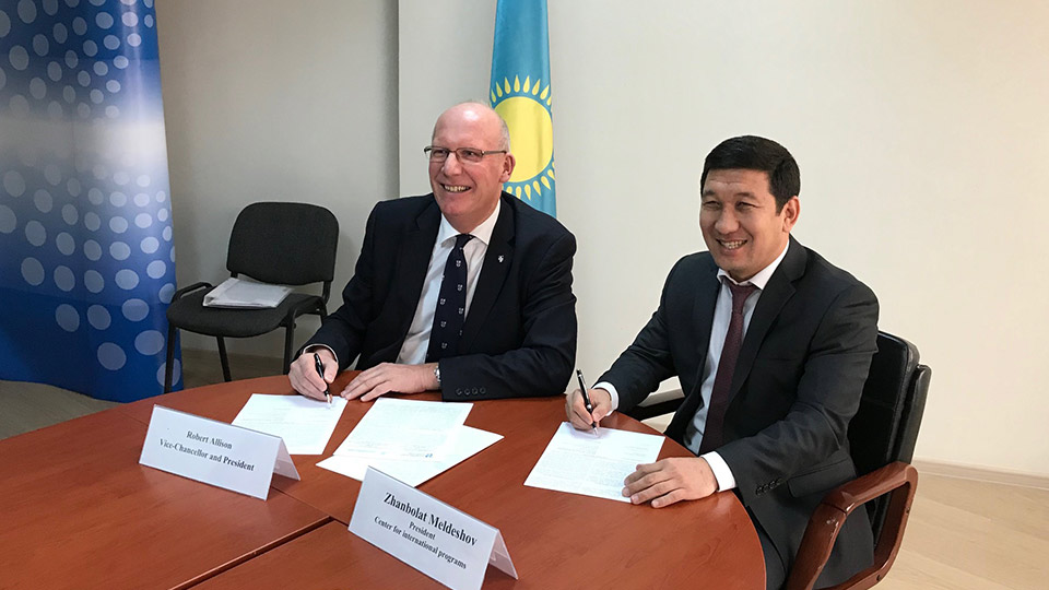 Loughborough University's Vice-Chancellor, Professor Robert Allison, and President of The Bolashak Programme, Zhanbolat Meldeshov.