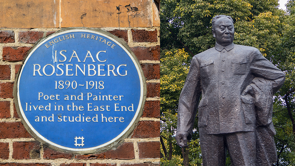 photo of blue English heritage plaque and statue in Shanghai