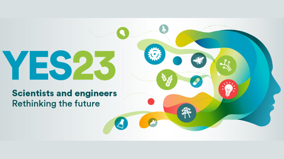 Grey background with YES23 in green and blue. 'Scientists and engineers rethinking the future' in dark grey text  underneath. Colourful drawing of the side of someone's face.