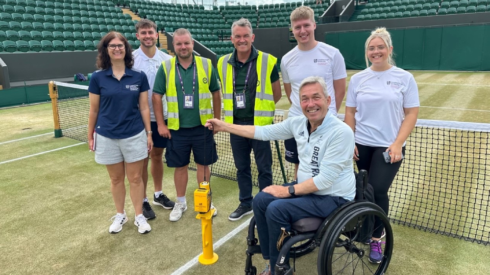 L-R: Prof Vicky Tolfrey (Loughborough University), Owen Tolfrey (Loughborough University), Will Brierley and Neil Stuley (AELTC Ground staff), Thomas Rietveld (Loughborough University), Ellie-May Storr (Loughborough University) and front Nick Webborn (Chair of BPA, Visiting Clinical Professor, Loughborough University)