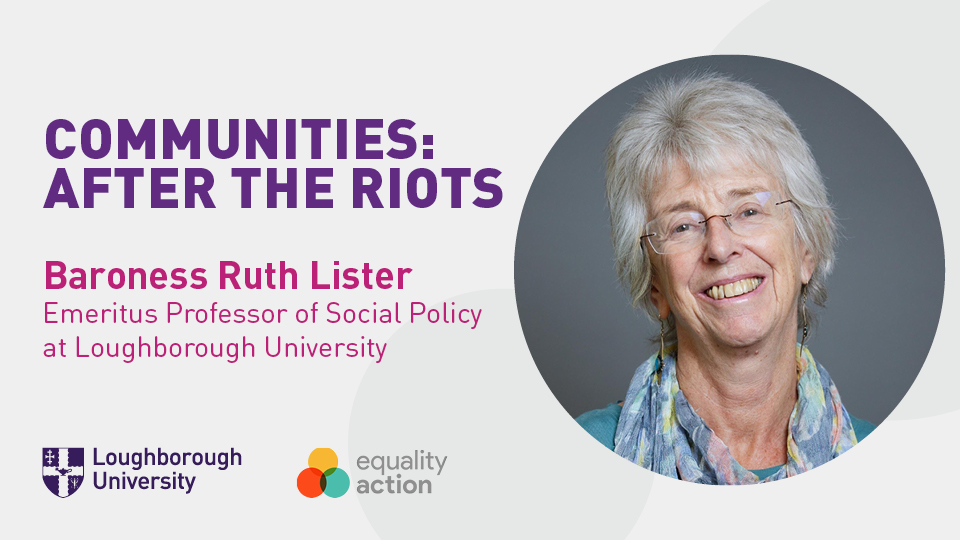 Headshot of Ruth smiling alongside pink and purple text that says 'Communities: After the Riots' along with event information such as the date, time, and location.