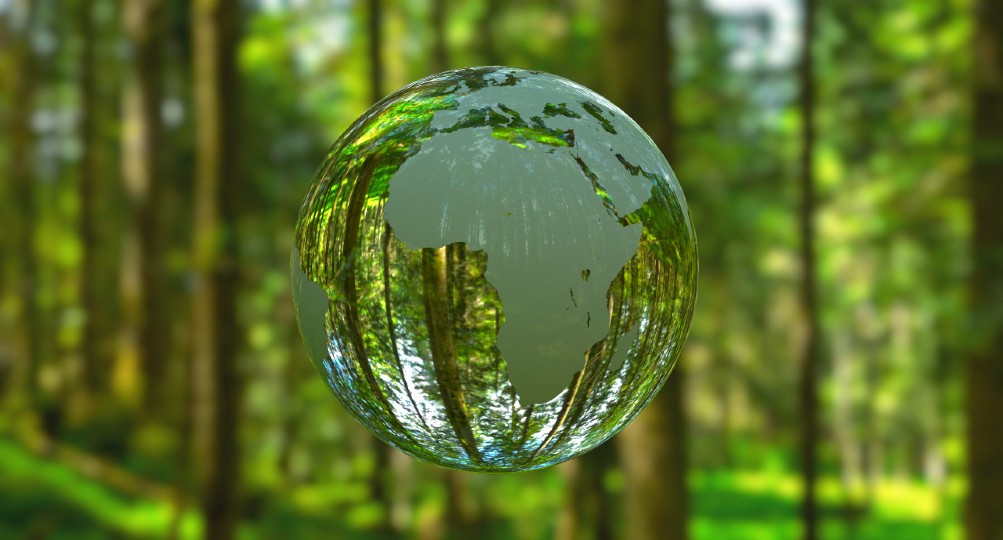 A floating glass globe showing a map of Africa, with green forestry in the background. 