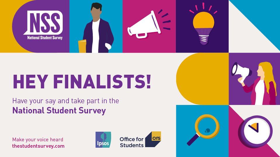 Different colour tiles featuring different animations, such as a lightbulb, megaphone, and magnifying glass. Purple text included that says 'Hey Finalists! Have your say and take part in the National Student Survey'