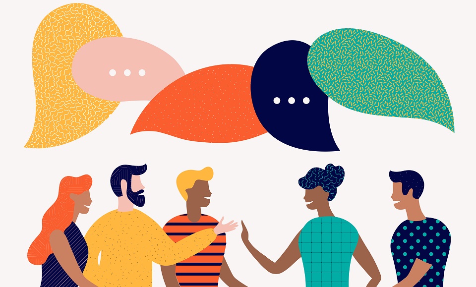 A graphic of five people with speech bubbles above their heads