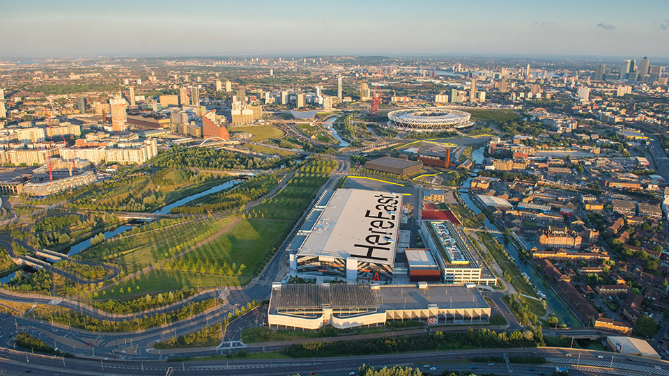 aerial shot of Here East 